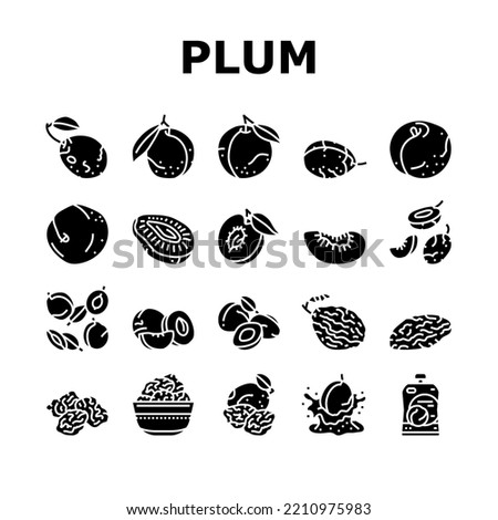 plum fruit green red prune icons set vector. orchard, blur food slice, tree top art, round purple dessert plum fruit green red prune glyph pictogram Illustrations
