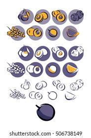 Plum and fruit icons (cherry, melon, raspberry, grapes, peach, apricot, watermelon)