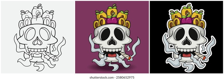 Plum Fruit Inside Skull Head With Smoking Character Cartoon. Black White, Colorful and Sticker Style. For T shirt print, Brand Logo, Label and Mascot product. Vectors Illustrations