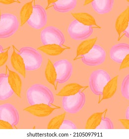 Plum fruit kitchen tablecloth textile print vector seamless pattern in watercolor style. Berry fruit plum seamless pattern kitchen tablecloth fabric print design. Organic nutrition