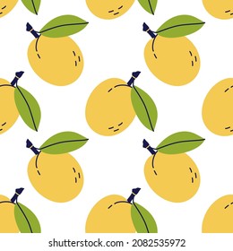 Plum fruit with leaf. Apricot seamless pattern. Hand drawn vector illustration. Sweet natural food. 
