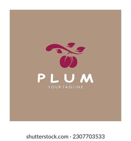plum fruit logo with leaves, design of plum plantation, fruit shop, plum products, with simple vector editing