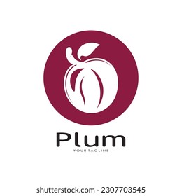 plum fruit logo with leaves, design of plum plantation, fruit shop, plum products, with simple vector editing