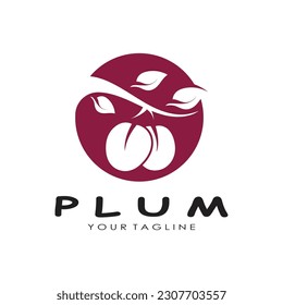 plum fruit logo with leaves, design of plum plantation, fruit shop, plum products, with simple vector editing