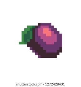 Plum fruit logo pixel art style icon. Isolated vector illustration. Game assets 8-bit sprite. Design for stickers, web, mobile app.
