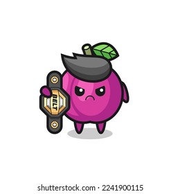 plum fruit mascot character as a MMA fighter with the champion belt , cute style design for t shirt, sticker, logo element