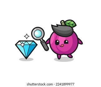 plum fruit mascot is checking the authenticity of a diamond , cute style design for t shirt, sticker, logo element