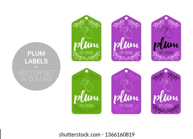 Plum fruit Natural store labels set in green, violet colors. Cartoon Advertising hundred percent organic Stickers. fruit Badges with Hand drawn plum with Eco leaves ready for web and Print