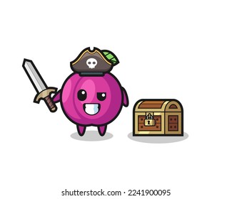 the plum fruit pirate character holding sword beside a treasure box , cute style design for t shirt, sticker, logo element