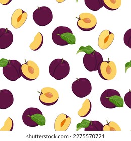 Plum fruit seamless pattern background, vector illustration.