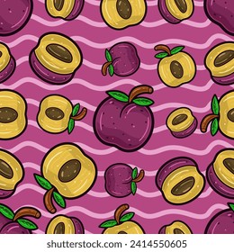 Plum Fruit Seamless Pattern in Cartoon Style. Perfect For Background, Backdrop, Wallpaper and Cover Packaging. Vector Illustration.