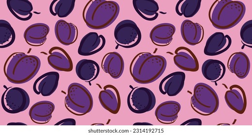 Patrón sin soldadura de frutos de ciruela. Ilustración de color sobre fondo rosado. Plumas enteras dibujadas a mano para el diseño de paquetes, textiles o menús. Ilustración vectorial de frutas de verano. 