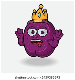 Ciruela Fruto Con Expresión Impactada. Personaje de dibujos animados de mascota para sabor, cepa, etiqueta y producto de embalaje. Ilustración vectorial