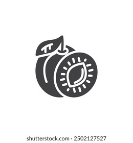 Icono de Vector de fruta de ciruela. cartel plano lleno para el concepto móvil y el Diseño web. Ciruela entera con una hoja y medio icono de glifo. Símbolo, ilustración del logotipo. Gráficos de Vector