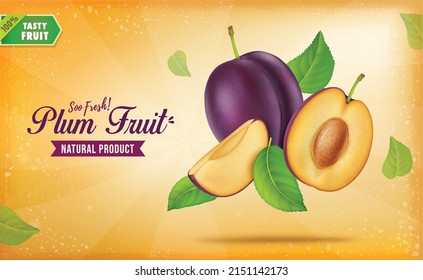 Plum Fruit vector illustration with Half piece of Fruit with plum slices on yellow background