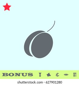 Plum fruits icon flat. Grey pictogram on blue background. Vector illustration symbol and bonus buttons medal, cow, earth, eye, calculator