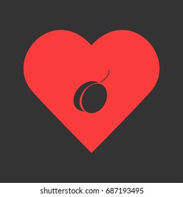 Plum fruits icon flat. Simple pictogram on heart background. Vector illustration symbol