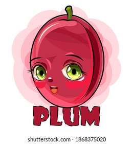 Plum fruits on an abstract background. Face. Inscription. Isolated object on white. Ripe. Cartoon flat style. Illustration. Smile. Vector