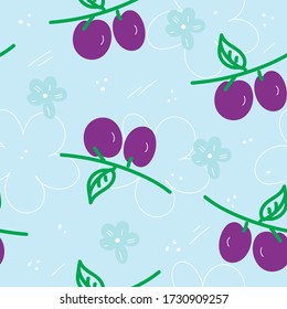Plum fruits seamless pattern. Summer print for apparel, kitchen textile, wrapping, wallpaper
