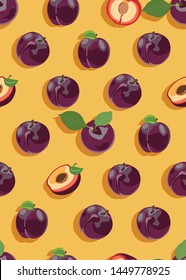 Plum fruits and slice seamless pattern with shadow on yellow background, Fruit vector illustration background.