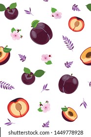 Plum fruits and slice seamless pattern with cute leaves on white background, Fruit vector illustration background.