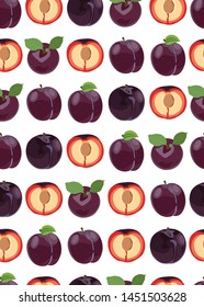 Plum fruits and slice seamless pattern align on white background, Fruit vector illustration background.