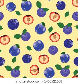 Plum fruits and slice seamless pattern with on yellow background, Fruit vector illustration background.