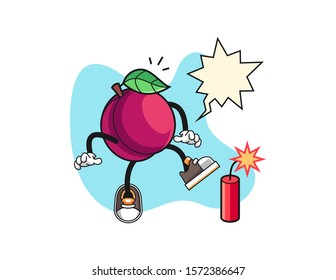 Plum get surprise firecrackers with speech bubble cartoon. Mascot Character vector.