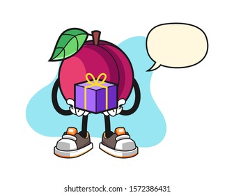Plum give a gift with speech bubble cartoon. Mascot Character vector.