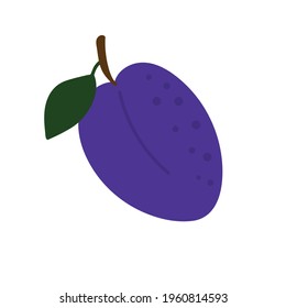 Plum with green leaf in doodle style. Fresh fruit, healthy and vegan food.
Hand drawn vector illustration isolated on white background.