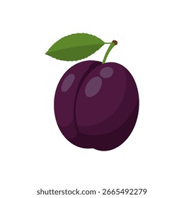 Pflaume mit grünem Blatt, illustriert in einem sauberen, flachen Vektorstil.