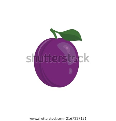 Plum with green leaf. Vector illustration.