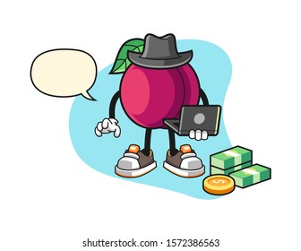 Plum hacker with speech bubble cartoon. Mascot Character vector.