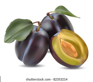 plum and a half and leaves on a white background