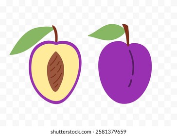 Plum half and whole fruit. Set of hand drawn abstract colorful fruits. Natural tropical collection. Vector illustration in modern cute flat cartoon style.