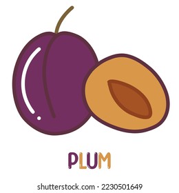 Pflaumen. Handgezeichnete, flache, glänzende Früchte Cartoon, Vektorgrafik mit süßen, glänzenden Buchstaben einzeln auf weißem Hintergrund.