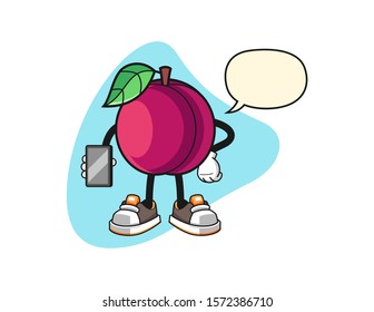Plum hold smartphone with speech bubble cartoon. Mascot Character vector.