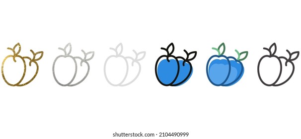 Plum. Icon. Collection of plums in different styles. Contour pattern. Available in gold, silver, white, gray, black. Linear graphics. Doodles. Emblem, badge, silhouette. Vector