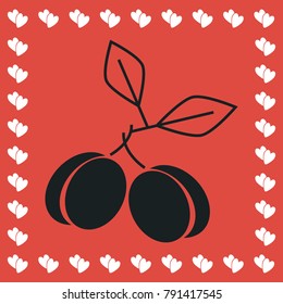 Plum icon flat. Simple black pictogram on red background with white hearts for valentines day. Vector illustration symbol