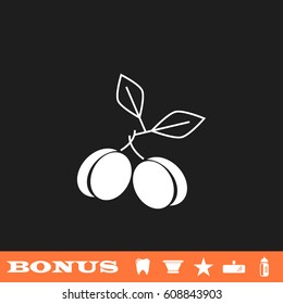 Plum icon flat. White pictogram on black background. Vector illustration symbol and bonus button tooth, vase, star, mirror, bottle
