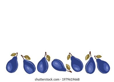 Plum icons isolated an empty table. Frame with natural delicious fresh ripe tasty fruit. Template vector illustration for packaging, banner, card and other design. Food concept. Copy space.