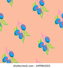 Plum Illustration Vector Seamless Pattern. Juicy Fruit Wallpaper Print. Plum fruits and slice Decoration Textile Background.
