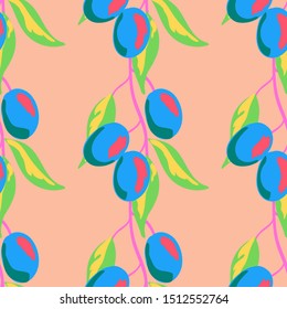 Plum Illustration Vector Seamless Pattern. Juicy Fruit Wallpaper Print. Plum fruits and slice Decoration Textile Background.