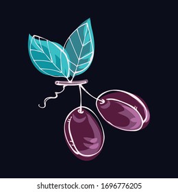 Plum isolated image, on a dark background. Bright, juicy tasty fruit. Element for design menus, organic products, vegetarian food. Vector graphics. Doodle style Hand drawing.