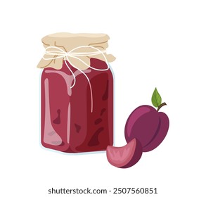 Plum jam in glass jar bottle with fresh crop of tasty sweet fruits cartoon vector illustration