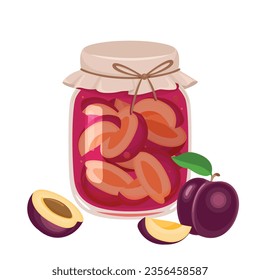 Plum jam in glass jar and fresh fruit. Vector flat icon of organic sweets. Healthy food illustration.