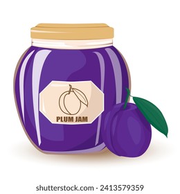 Plum jam in glass jar and fresh plum.Natural product. Healthy eating and diet. Design of greeting cards, posters, patches, prints on clothes, emblems.Vector cartoon illustration.