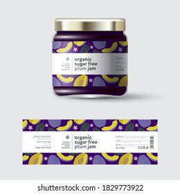 Plum Jam label and packaging. Jar with cap with label. White strip with text and on seamless pattern with fruits, flowers and leaves.