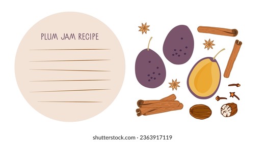 Plum jam recipe blank. Canned Plum hand drawn doodle sketch. Plum jam ingredients. Homemade fruit jelly, preserved fruits. Flat vector Food template for menu, kook book, farmers market, recipe.