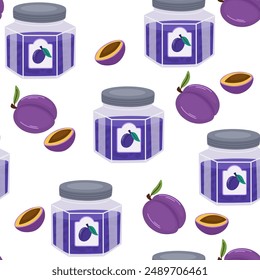 Plum jam seamless pattern. Confiture, jelly preserves, homemade marmalade. Endless background, texture, print for wallpaper, textile, wrapping design. Colored flat vector illustration